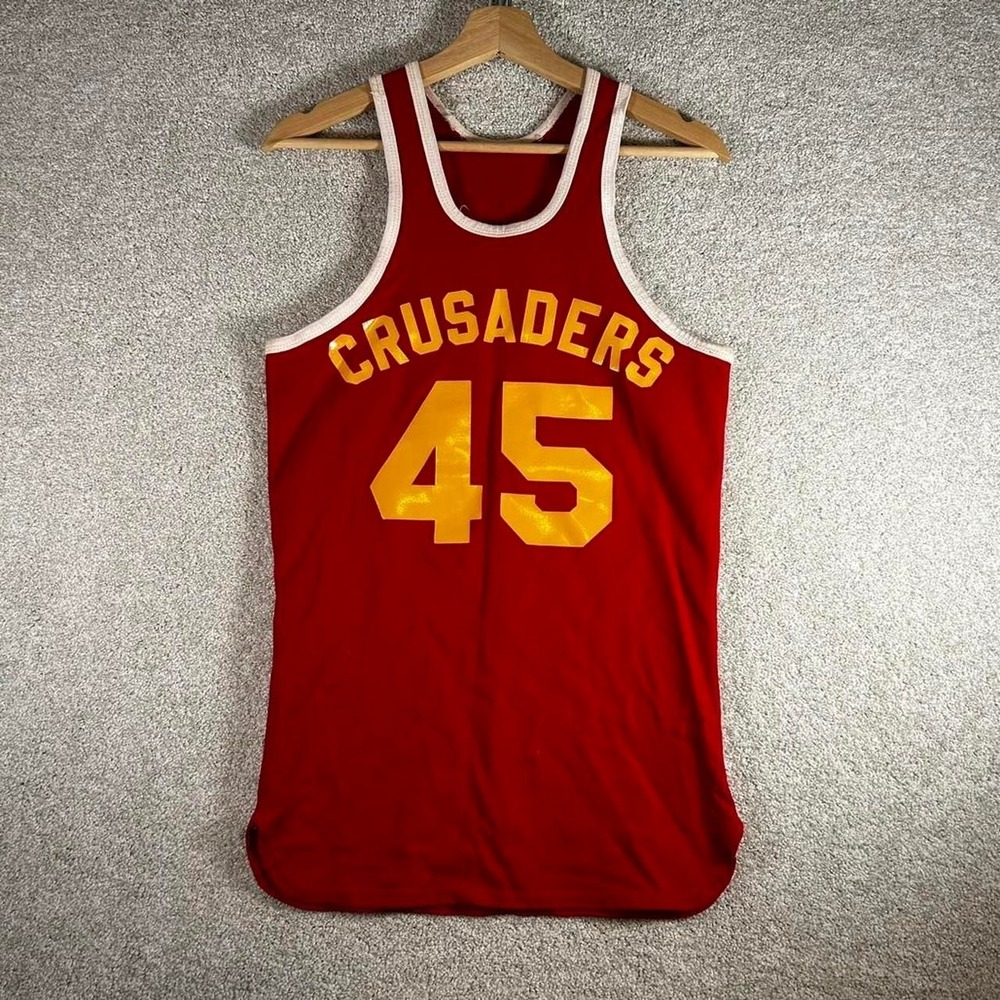 Vintage 80s red and yellow poly/rayon blend track and field tank top